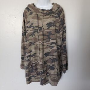 Now n Forever Women's Green Brown Camo Long Sleeve Shirt Cowl Neck 2X Plus Size